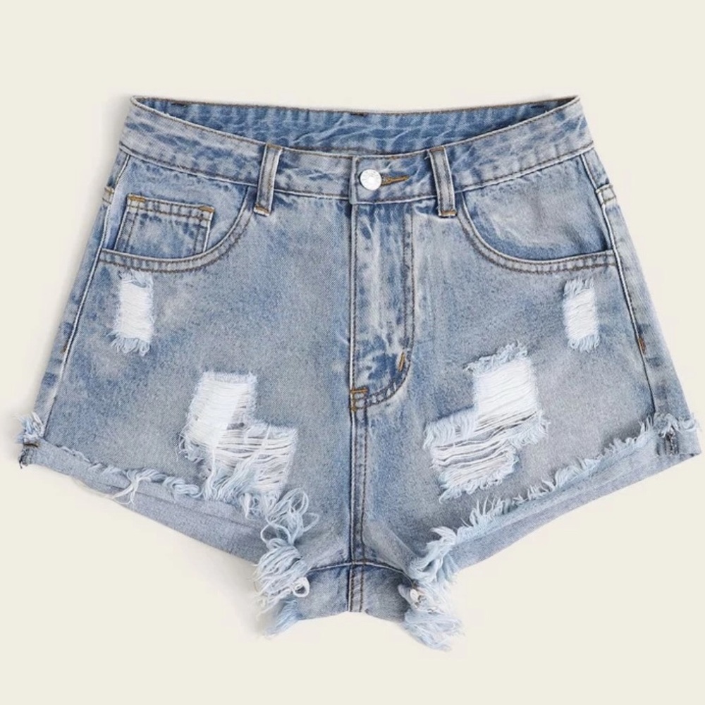Raw Edge Hem Distressed Denim Shorts